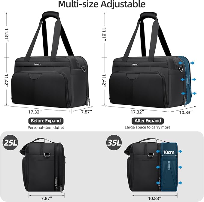 Travel Duffel Bag Personal Item Bag Carry-On UnderSeat Travel Tote Overnight Weekender Bag Expandable Duffel Underseat Bag with Adjustable Strap, Black