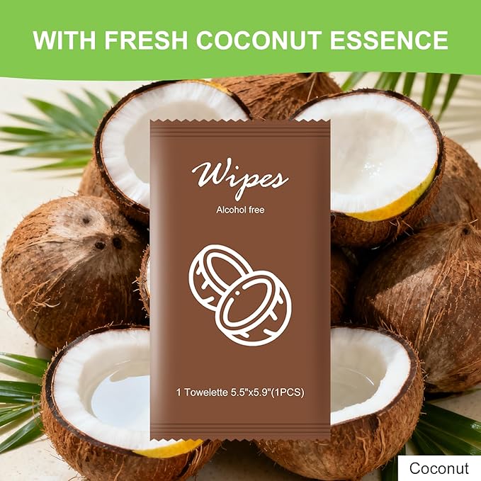 Individual Hand Wipes,Wet Wipes Individually Wrapped Bulk Cleansing Travel Size Wet Wipes for Wedding Travel Restaurant Barbecue(coconut,pack of 50)