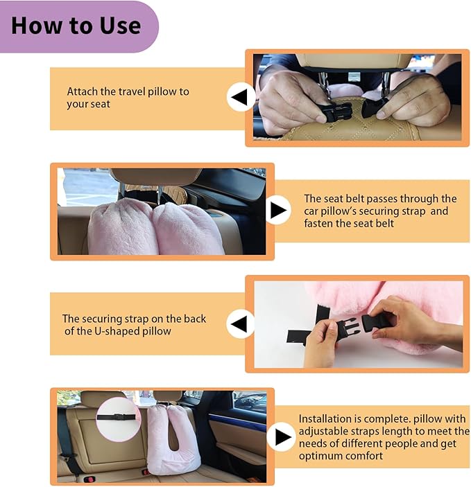 Car Pillow for Kids, U-Shaped Soft Car Travel Pillow for Sleeping with Removable Cover for Car Seat Head and Neck Support Children and Adult,Perfect for Long Road Travel,Pink
