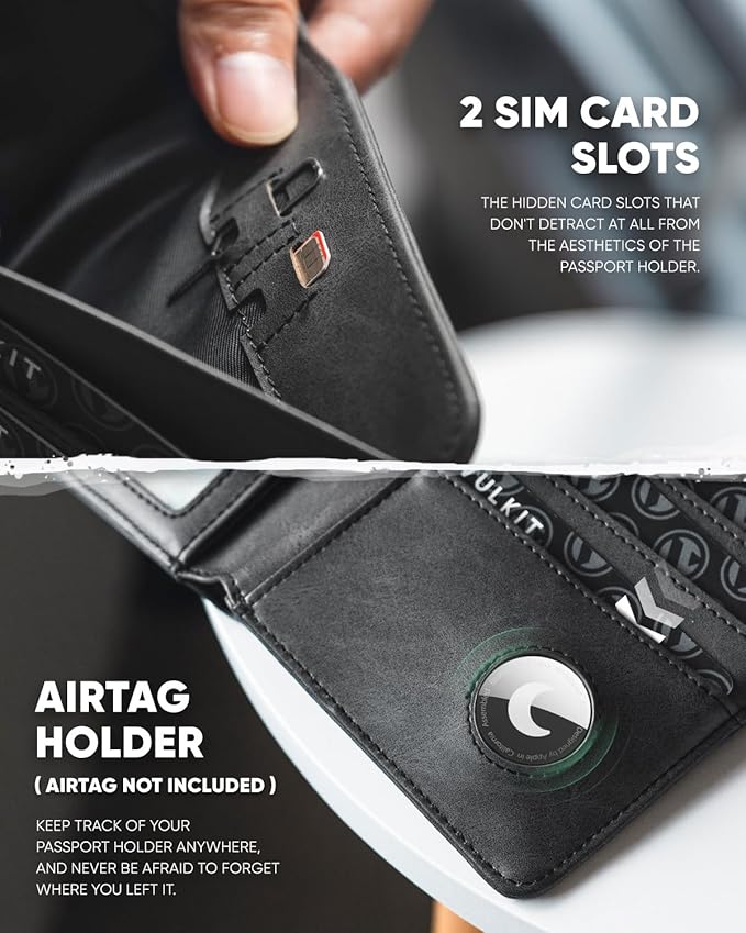 VULKIT Passport Holder with Airtag Holder RFID Blocking Passport Wallet Travel Leather Passport for Women(Dark Grey)