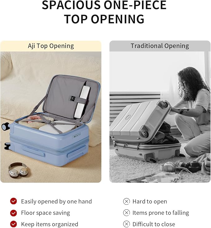 aji Expandable Top Open Carry On Luggage 22x14x9 Airline Approved, 20 Inch Hard Shell Carry On Suitcase with Spinner Wheels,Travel Small Luggage for Women Men,Blueberry Blue