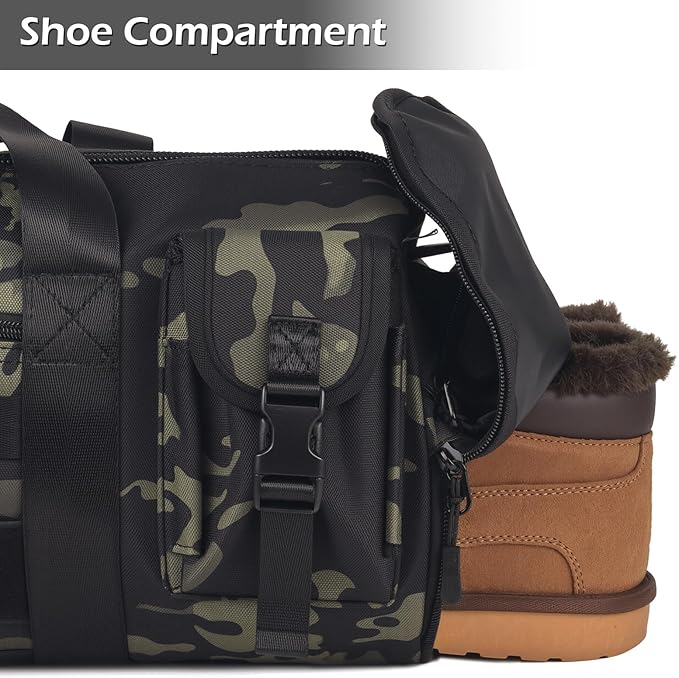 ArcEnCiel Medium Tactical Duffle Bag Men Gym Pack Molle Shoulder Bags Shoes Storage Sports Handbag with Patch(Black Camo)