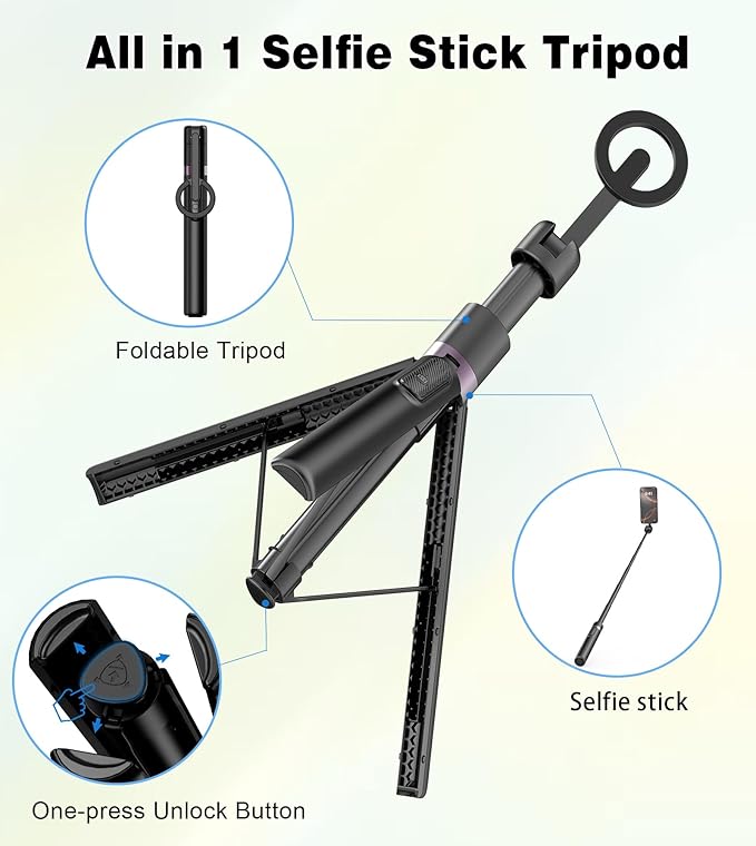 TONEOF 68" Magnetic Selfie Stick Tripod with Aluminum Strong Magnetic Holder for Magsafe, 360° Rotatable Travel Phone Tripod Stand with Metal Ring & Rechargeable Remote for iPhone/Android（Black）