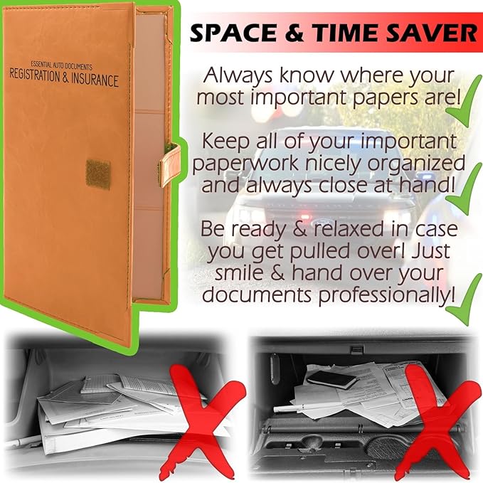 Auto Insurance and Registration Card Holder - Vehicle Glove Box Document Organizer - Car Essential Paperwork Holder for DMV, AAA, Contact Information Cards - Premium PU Leather Wallet Case - Orange