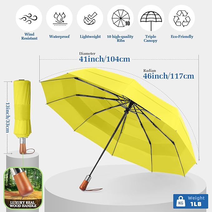 Umbrellas for Rain, 47" Large Windproof Travel Umbrella, Triple-Layer Vented Canopy, 10 Fiberglass Ribs, Auto Open Close Compact Umbrella, Wooden Handle, Heavy Duty for Commute, Gifts for Men & Women