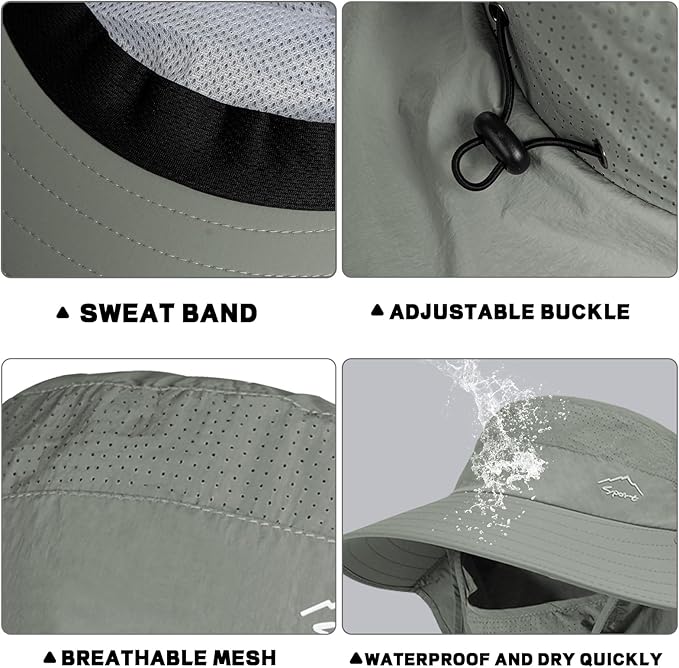 Rosoz Sun Hat for Men Women with Neck Flap,Wide Brim UPF50+ Fishing Hat with Detachable Face Cover Outdoor Sun Protection Hat