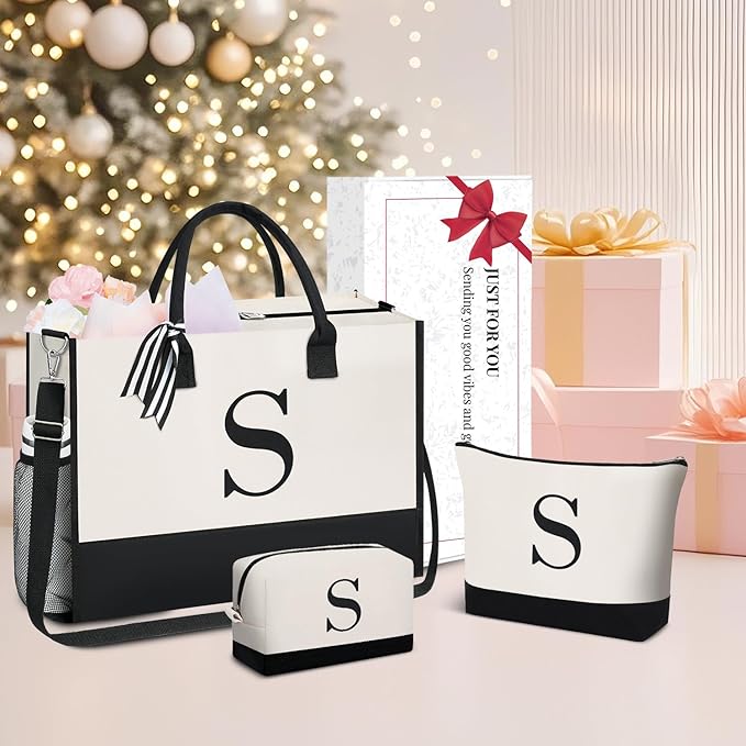 BAGAIL Initial Tote Bag, Personalized Birthday Gifts for Women, Teacher, Friends, Mom, Wedding, Monogrammed Beach Bag