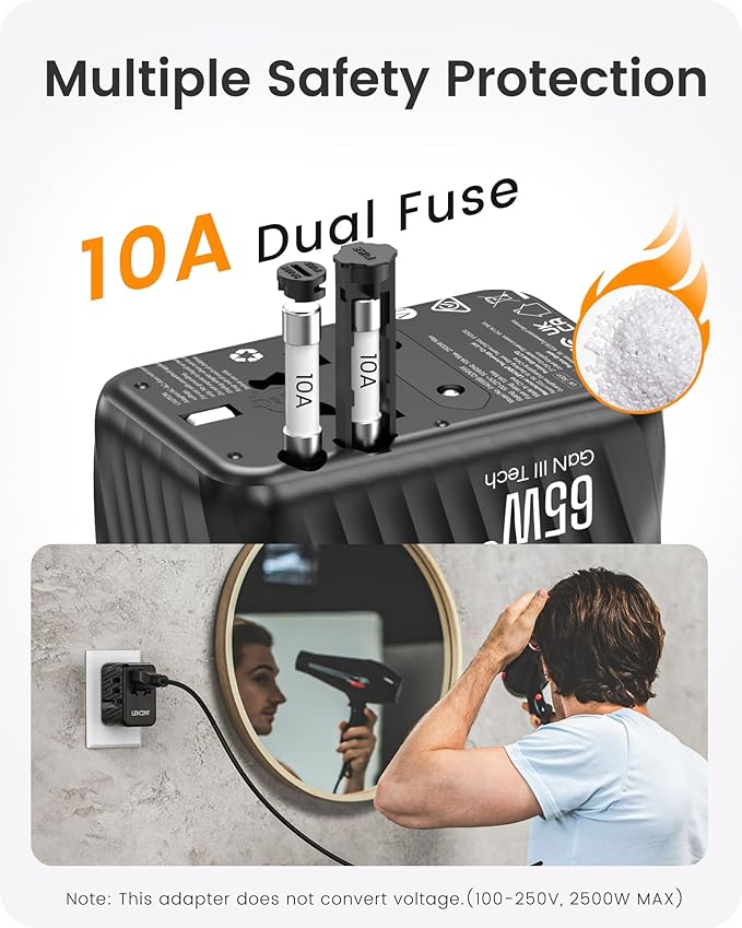 LENCENT Universal Travel Adapter, 65W GaN International Fast Charger with 2 PD3.0 Type C+2 QC USB A, Worldwide Power Adaptor for Phones,Laptops, All in One Travel Essentials for EU/USA/UK/AU, Black