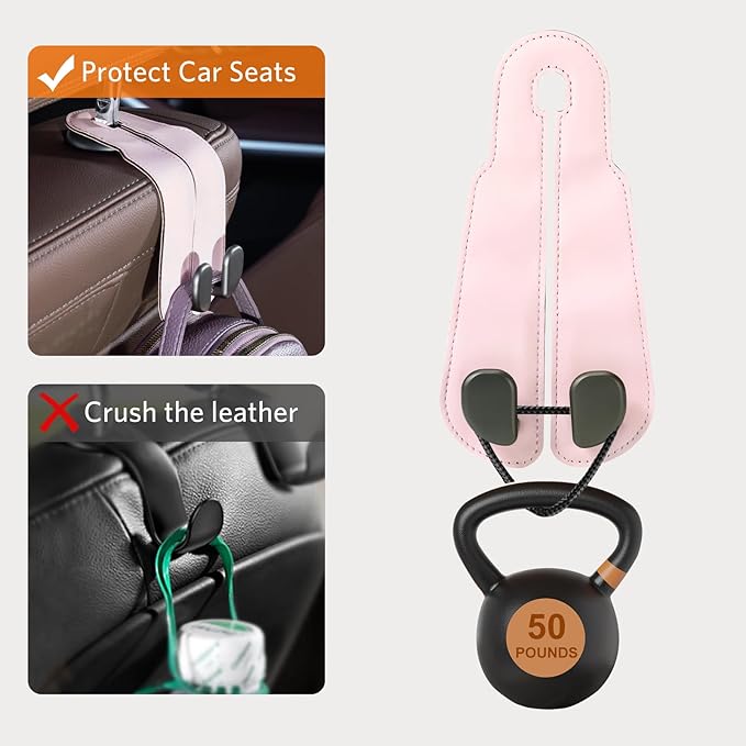 CoBak Purse Hook for Car - Universal Premium Stitched Leather and Aluminum-Magnesium Alloy Double Car Seat Back Storage Hook for Purses, Handbags, Bags (2 Pack),Pink