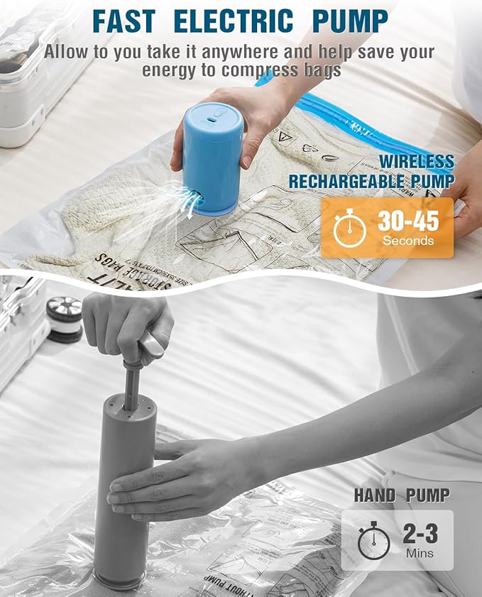 Vacuum Storage Bags for Travel, 12 Pack (4M+4S+4XS) Vacuum Seal Bags with Wireless Rechargeable Electric Pump, Travel Essentials Space Saving Bag for Clothes, Luggage, Carry-on Suitcase, Backpack