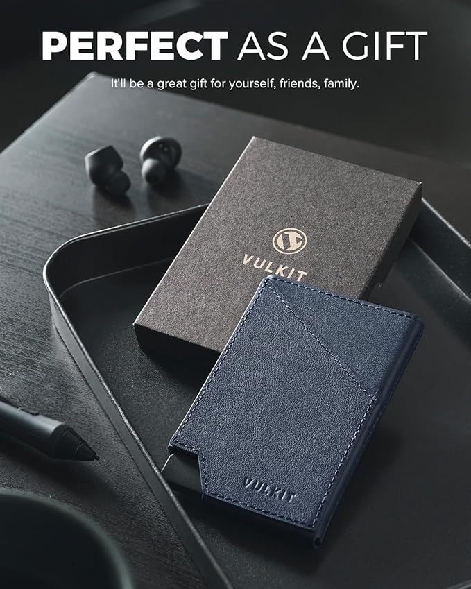 VULKIT Pop up Card Wallet Top-Grain Genuine Leather RFID Blocking Slim Aluminum Metal Bank Card Holder Case with Business Money Pocket for Credit Cards Notes and Coins Navy