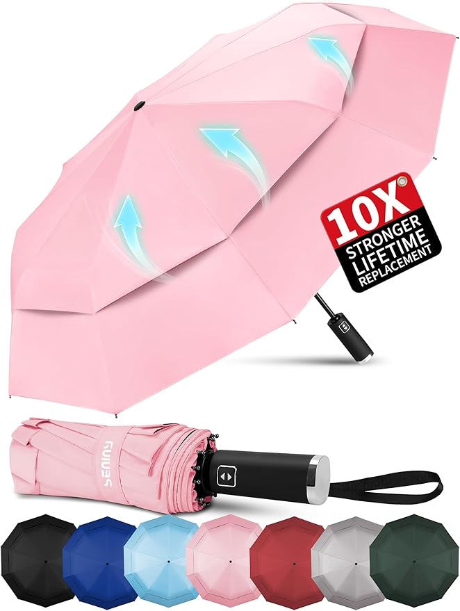 Seniny Travel Umbrella with Carabiner Handle, Windproof Large Umbrellas for Rain with Dual-Rib Structure, Portable Compact Umbrella with Reflective Strip, Car Backpack UV Umbrellas for Sun Protection
