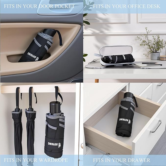 GAOYAING Mini Compact Travel Umbrella with Reflective Safety Stripes, Portable Folding Design with Case