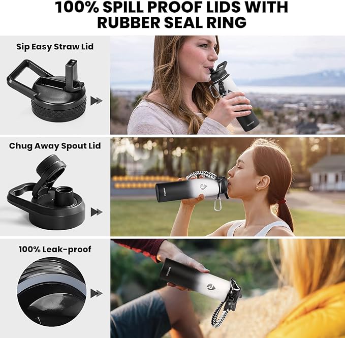 Insulated Water Bottle 24oz, Triple Wall Vacuum Stainless Steel (Cold for 48 Hrs, Hot for 24Hrs), Leak Proof & Non-BPA, 24oz Hydro Water Flask with Paracord Handle & Straw Spout Lids