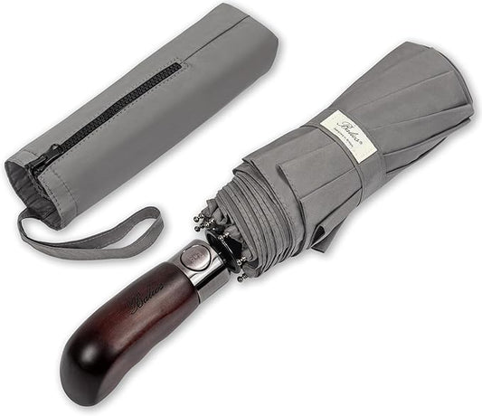 Balios Travel Folding Umbrella with Real Wood Handle Auto Open Close Vented Windproof Canopy - Designed in UK