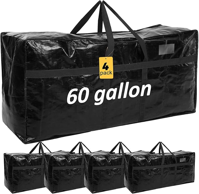 4 Pcs 60 Gallon Large Moving Bags with Zipper and Handles Foldable Storage Duffle Bags Heavy Duty Extra Large Totes for College Dorm Travel Clothes Blankets Bedding Moving (Black)