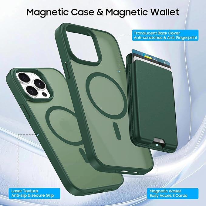 Ntwinro Magnetic for iPhone 14 Pro Case (Compatible with MagSafe) with Detachable Wallet & Card Holder for 3 Cards [RFID Blocking] Military Grade Protective Slim Phone Cover, Green
