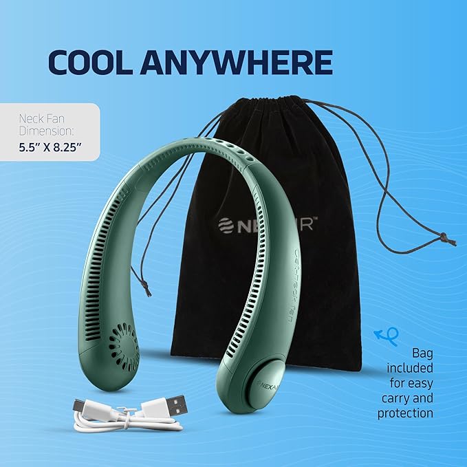 NEXAIR Portable Neck Fan - 3 Speed Rechargeable Bladeless Neck Fan, Adjustable Personal Green Neck Fan For Women & Men Modern Design, Great Cooling Fan For Travel, Outdoors & Sports
