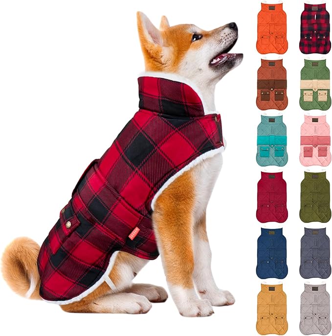 KYEESE Dog Coat Thick Pets Clothes with Pocket Windproof Dog Coats for Small Dogs Waterproof Dogs Jacket with Fleece Lined Warm Pet Winter Puffer Coat with Leash Hole Soft Pet Sweater for Cold Weather