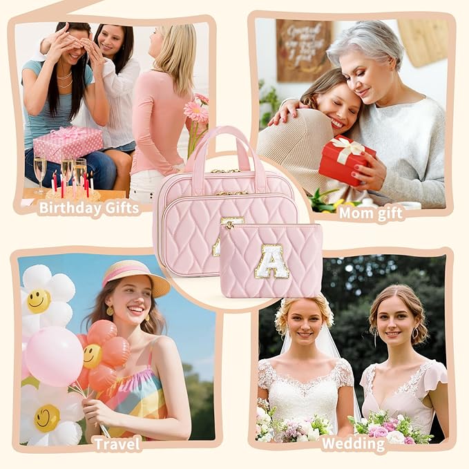 YOOLIFE Travel Toiletry Bag for Women - Hanging Toiletry Bag Makeup Bag, Portable Toiletries Travel Bag and Cosmetic Bag Essentials - Letter W Pink