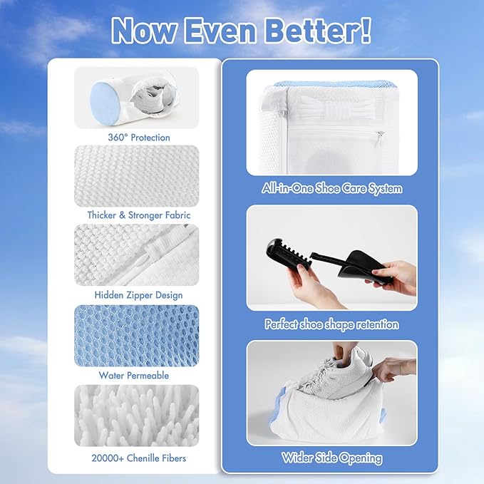 Shoe Washing Machine Bag w/Shoe Trees to Prevent Deformation - Sneaker Cleaner Bag Reusable Lint-free Large Laundry Shoe Bag, Tennis Shoes Wash Kit Home Travel Essentials, White 2pcs
