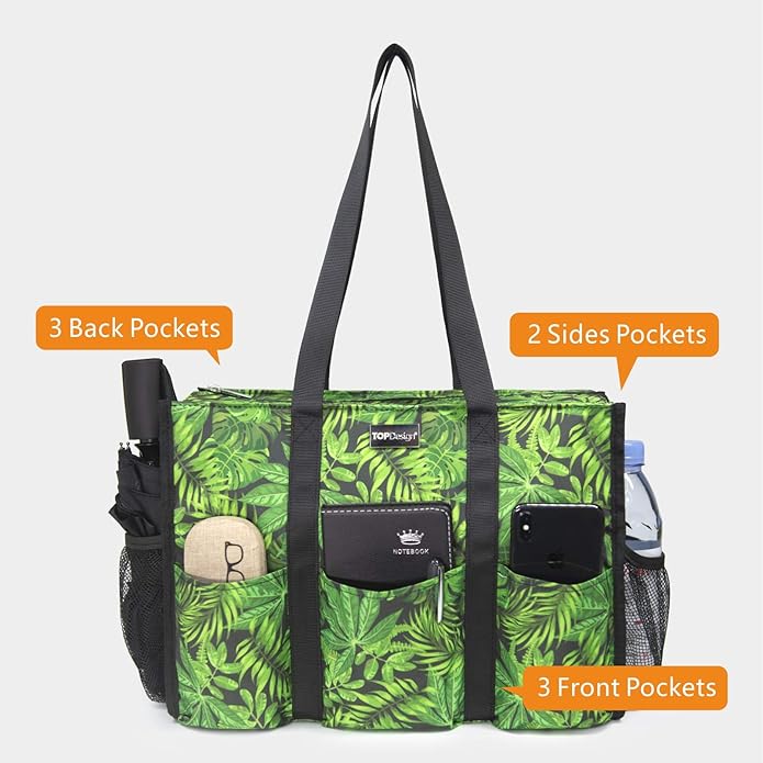 TOPDesign Utility Water Resistant Tote Bag with 13 Pockets, Top Zipper Closure & Thick Bottom Support, for Working Women