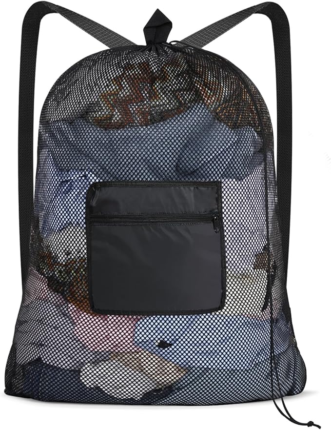 OTraki Mesh Laundry Bag Backpack 24x32 Inch Gym Drawstring Backpack Travel Dirty Clothes Bags with Pocket & Adjustable Shoulder Straps for Laundromat Home College Dorm Apartment (Black)