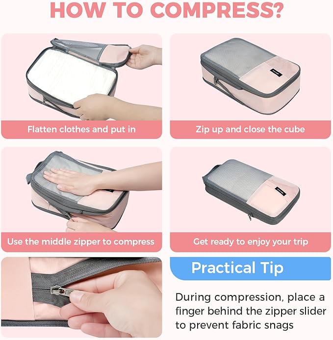 BAGAIL 6 Set/4 Set Lightweight Compression Packing Cubes with Packing List, Anti-Tearing Expandable Organizer Bags for Travel