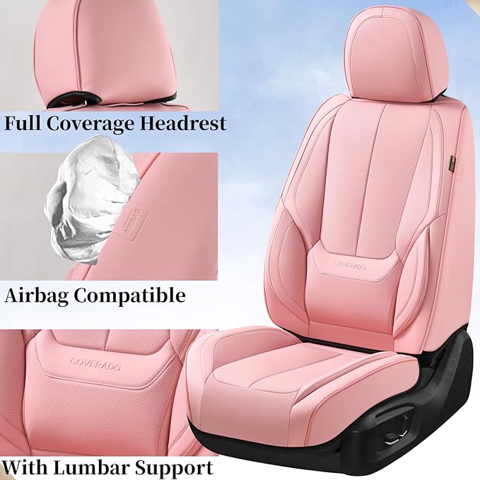 Coverado Seat Covers, Car Seat Covers Front Seats, Car Seat Cover, Car Seat Protector Waterproof, Car Seat Cushion Nappa Leather, Pink Seat Covers Carseat Cover Universal Fit for Most Cars
