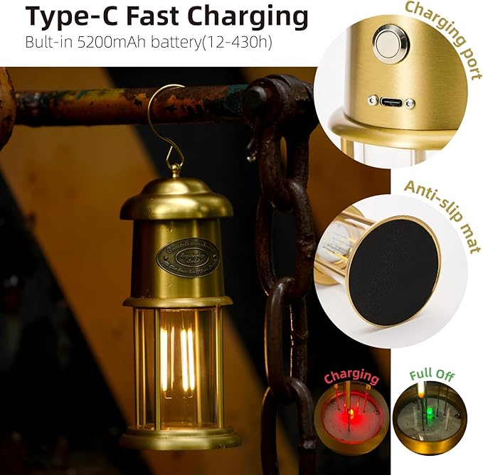 Metal Vintage LED Camping Lantern, 5200mAh Rechargeable Battery Last 12-430 Hours Camping Lamp, 3 Modes Hanging Lantern, Retro Camping Light for Courtyard Outdoor Decoration