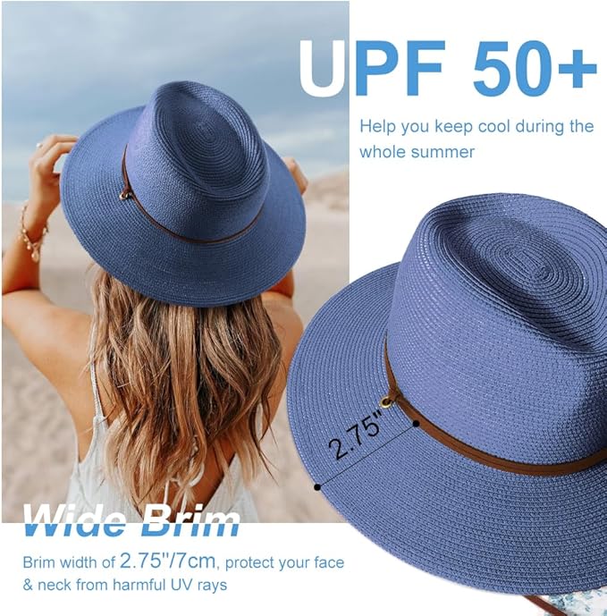 DRESHOW Women Straw Panama Hat Travel Fedora Beach Sun Hat Summer Wide Brim Straw Roll up Hat UPF 50+