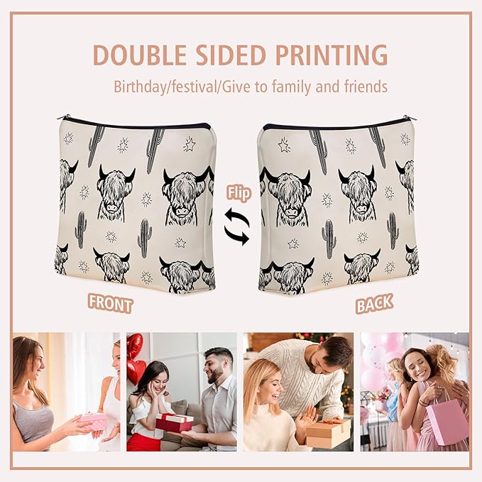 Western Cow Gifts Makeup Bag: Versatile Highland Cow -Themed Cosmetic Bags，Perfect for Teen Girls, Women & Cowgirl Stuff - Ideal Gift for Travel, Parties, Birthdays, Christmas.