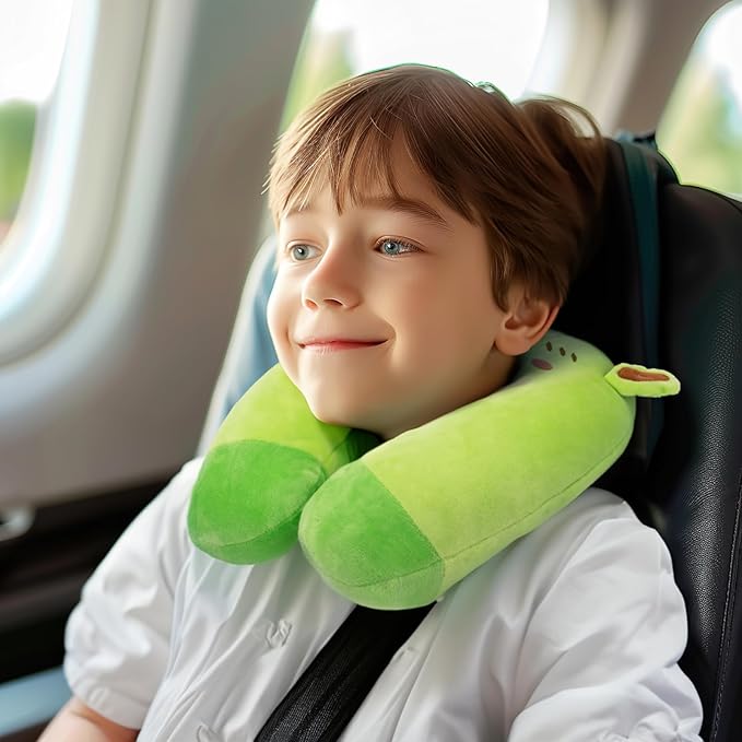H HOMEWINS Travel Pillow for Kids,Cute Animal Neck Pillow for Boys Girls,Soft Neck Head Chin Support Pillow,Travel Accessories for Airplane, Car, Train,Recline(Frog)