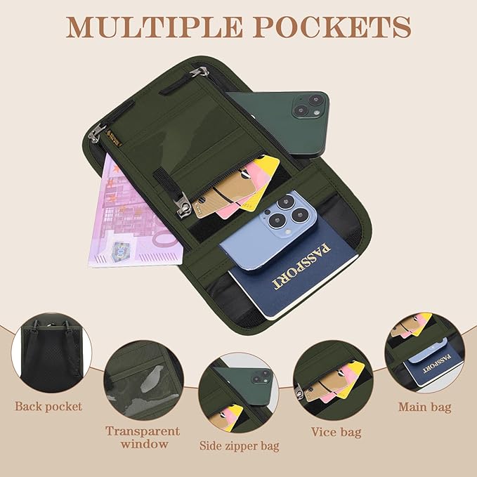 Passport Holder for Travel, Neck Pouch Travel Wallet With RFID Blocking, Waterproof Lightweight Passport Wallet for Women and Men (Army Green)