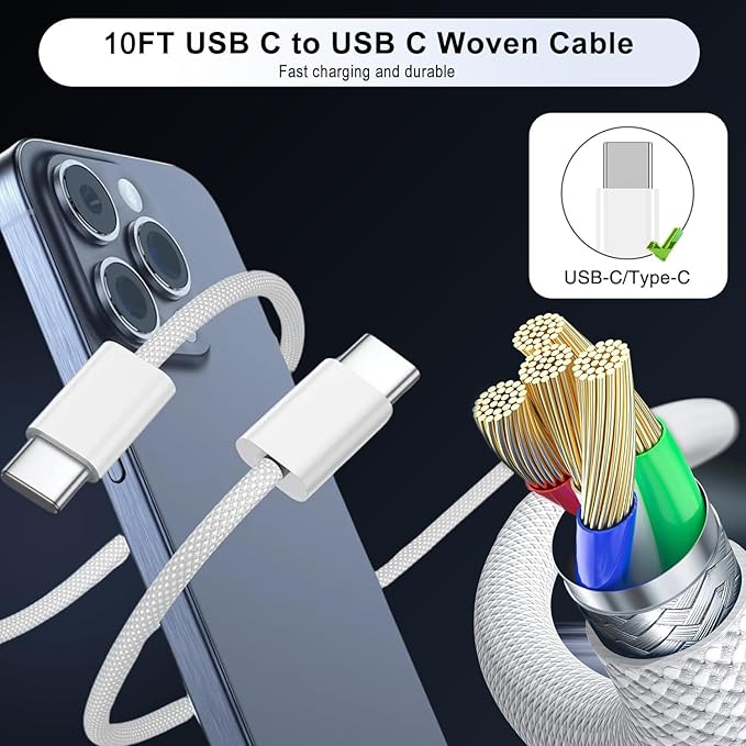 iPhone 17/16/15 Fast Charger,2-Pack USB C 2in1 Dual PD Charging Block with 10FT Long Type C to C Woven Charger Cable for Apple iPhone 17 Pro Max/17 Pro/Air/iPhone 16 Pro Max/16e/15 Pro/15 Plus