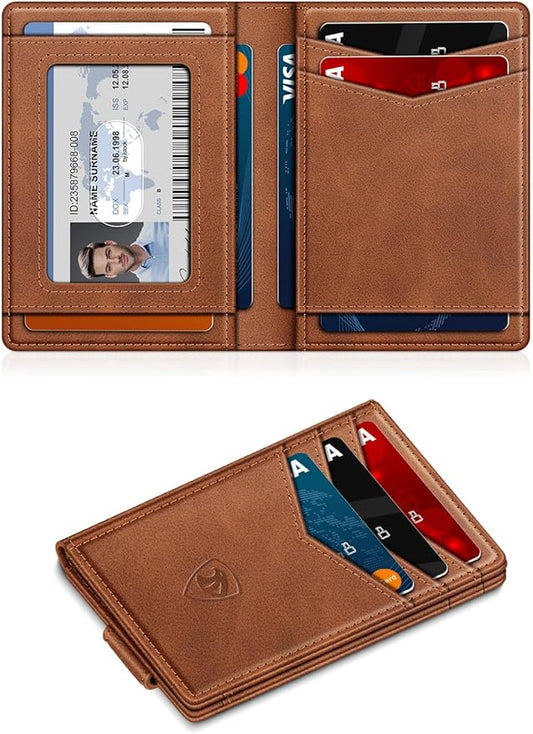 ZALVEX Wallet for Men Slim Leather Wallets for 12-15 Cards, Minimalist Thin RFID Blocking Card Holder with Money Clip & ID Window, Small Bifold Front Pocket Wallet, Gifts for Men