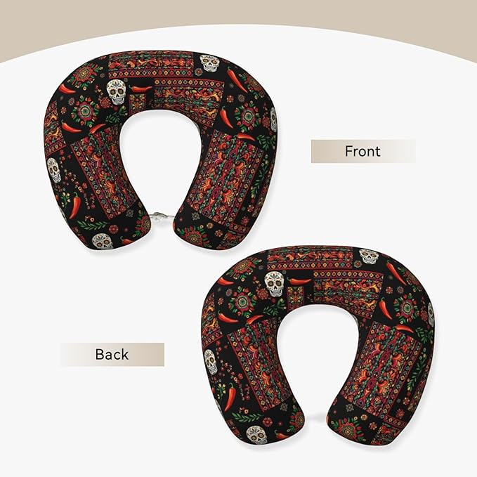 Funny Neck Pillow Support for Car Flight Rest Mexican Style Sugar Skull Traditional Paisley, Memory Foam U Shaped Decor Head Cushion for Home Outdoors Travel