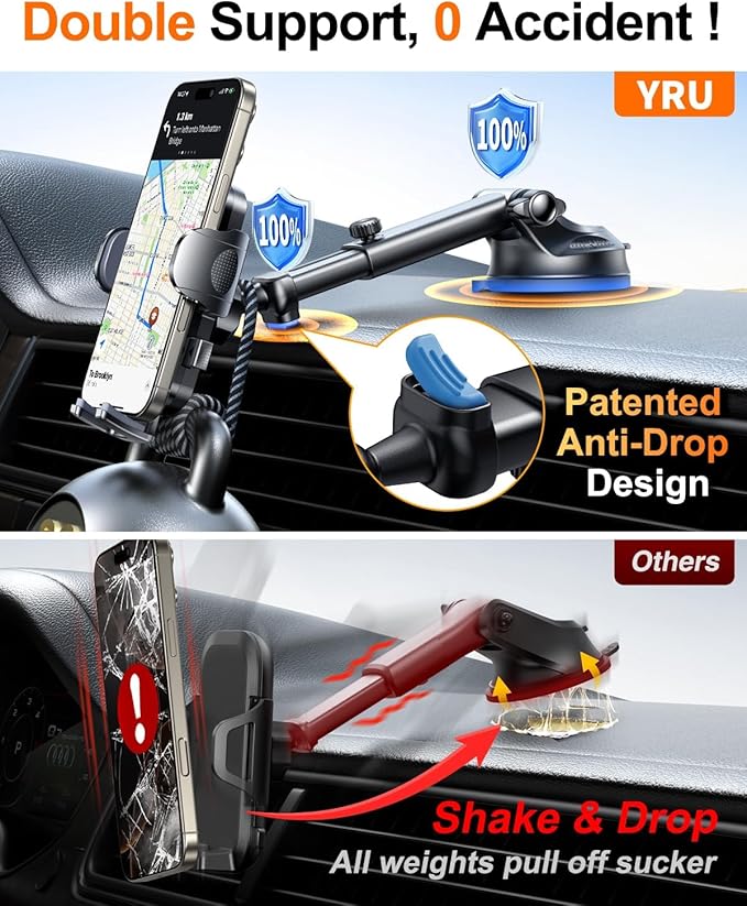 YRU True Military-Grade [360° Rotation Suction] 2025 Ultimate Car Phone Holder Mount 【90+LBS Safest Strongest & Patent Certs】 Dashboard Windshield Vent for iPhone 17 16 Pro Max Samsung, Jet Black