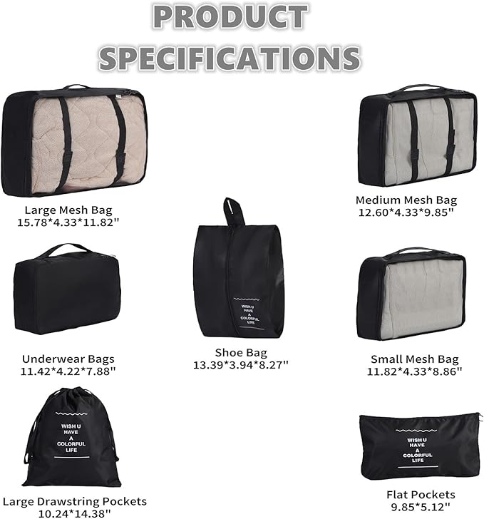 Packing Cubes Storage Bags 7 Pieces-Luggage Organizers Classify Store Clothing Efficiently for Travel Outdoor Home (Black, 7 Pieces)