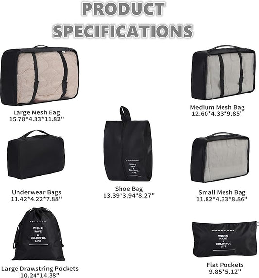 Packing Cubes Storage Bags 7 Pieces-Luggage Organizers Classify Store Clothing Efficiently for Travel Outdoor Home (Black, 7 Pieces)
