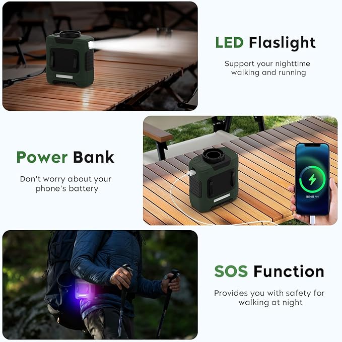 Portable Waist Fan 18000RPM Strong Airflow Waist Fan Belt fan With Max 12H Working Time 3 Speeds adjustment With LED flashlight Rechargeable Personal Fan for Outdoor Jobsite(Green)