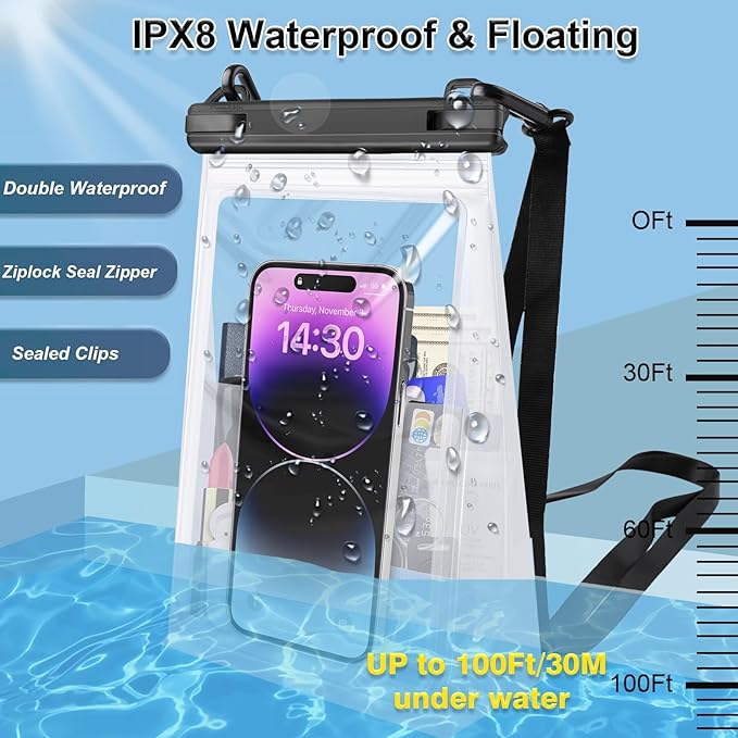 Large Waterproof Phone Pouch Floating, Waterproof Phone Case for iPhone 15 14 Pro Max 13 12 Plus 11 XS XR X Samsung up to 8.5'', IPX8 Water Proof Cell Phone Dry Bag for Beach Swimming Kayaking