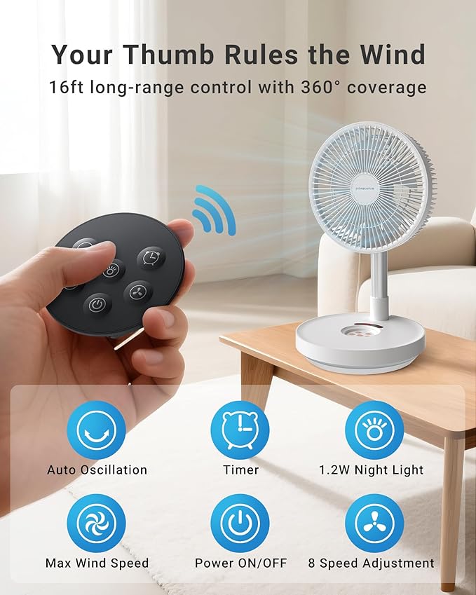 Primevolve Portable Rechargeable Oscillating Fan, Battery Operated Fan Adjustable Height, USB Home Office Outdoor Camping Travel, White 10"