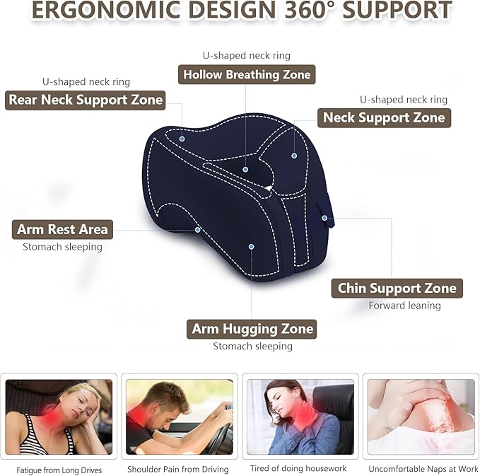 2in1 Ergonomic Memory Foam Travel Neck Pillow – 2025 Upgrade Travel Pillow for All Sleep Positions on Flights, Road Trips, and Long Distance Travel with Drawstring Bag (Adjustable - Navy Blue)