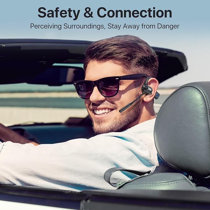 Open Ear Headphones with Mic, 29g Bluetooth Headset, Sweat Resistant,12Hrs, Dual Connect, Wireless Bluetooth Headphones with Noise Cancelling Microphone & Mute, for Work, Workout, Driving, Call, Black