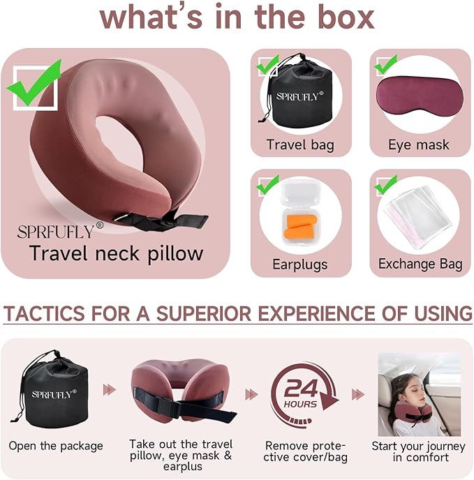 SPRFUFLY Travel Pillow/Neck Brace - 100% Memory Foam Neck Pillow for Sleeping, Airplane Pillow with Sleep Mask & Earplugs, Travel Essentials Neck Brace Pillow for Airplane, Car, Office & Home(Pink)