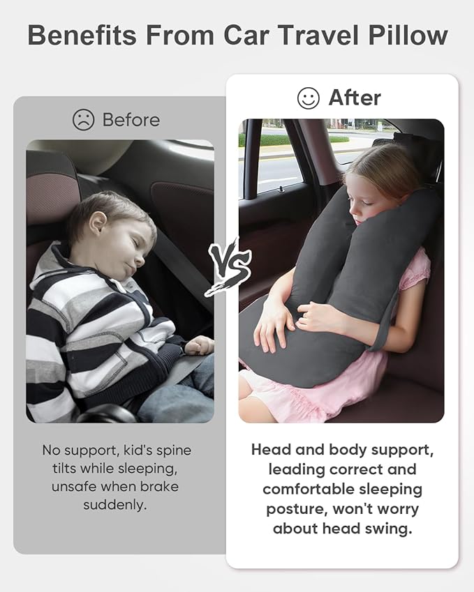 Car Travel Pillow for Kids Adults, Raised Padding Head and Neck Support Car Seat Sleeping Pillow for Toddlers, Portable U Shaped Body Pillow for Car Seat On Road Trip (Dark Gray)
