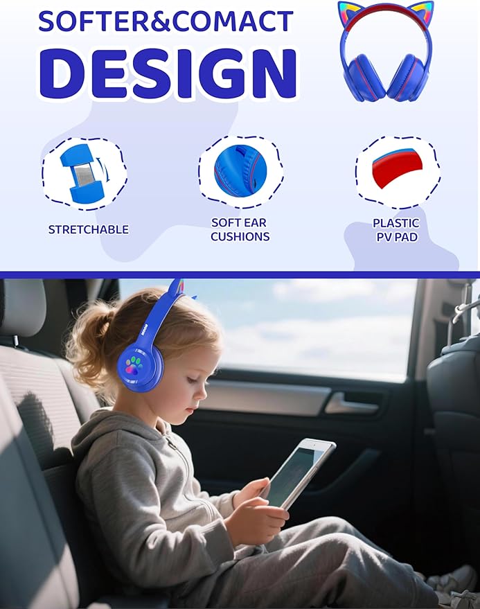 MIDOLA Kids Headphones Cat Ear Wireless Bluetooth 5.3 60H Over Ear, 8H with Led Light Foldable Headset with Aux 3.5mm Mic for Travel Pad Tablet Blue