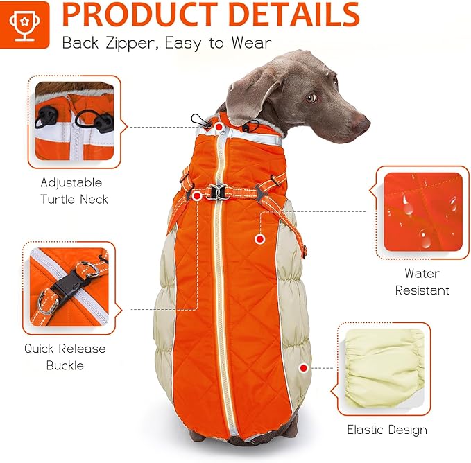 Abuandi Dog Winter Coat with Harness, Dog Jacket, Pet Clothes with Zipper on Back, Waterproof Windproof Warm Vest, Reflective Cold Weather Coats, for Small Medium Large Dogs, Thick, Orange, 3XL