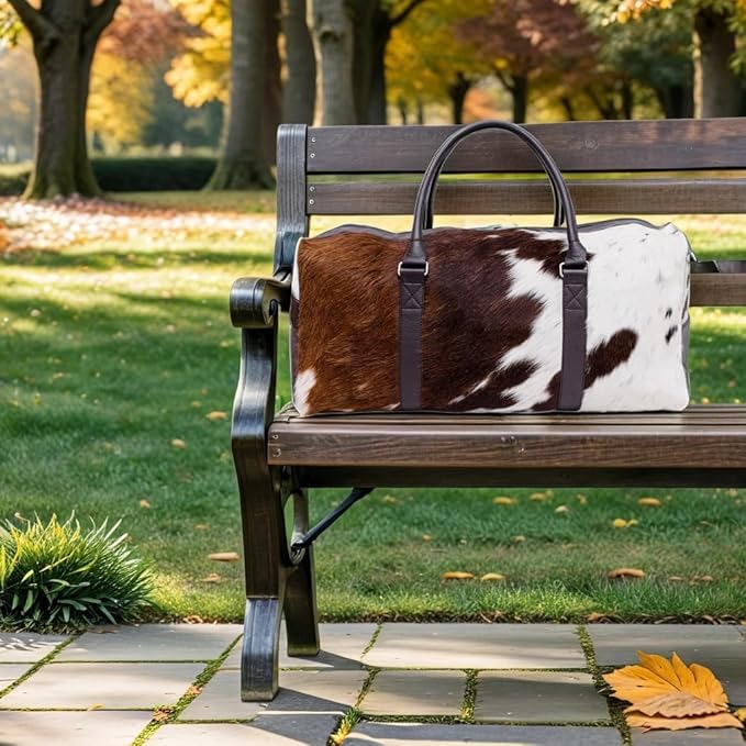 Luxury Cowhide Duffle Bag for Men 21" Genuine Full Grain Hair-On Leather Weekender Gym Cowhide Travel Bag with Spacious Interior, Heavy-Duty Zippers, Dual Carry Options Airplane Carry-On Compatible